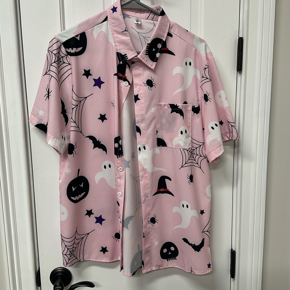 Pink Halloween Button Up Short Sleeve